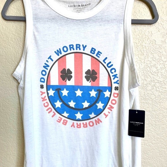 Lucky Brand white tank top DONT WORRY BE LUCKY tank top size S boho bohemian - Picture 2 of 7